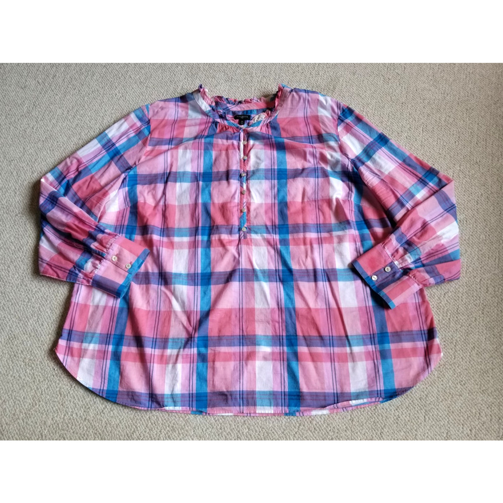 Womens Top-TALBOTS-pink/blue/white plaid 100% cotton 1/4 button-up tunic ls-3X